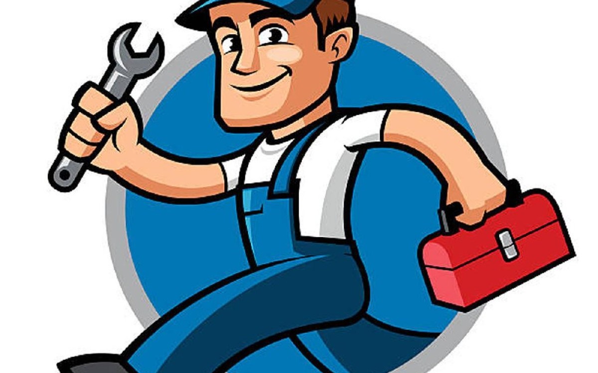 Friendly cartoon plumber mascot with wrench and toolbox for a trades website.